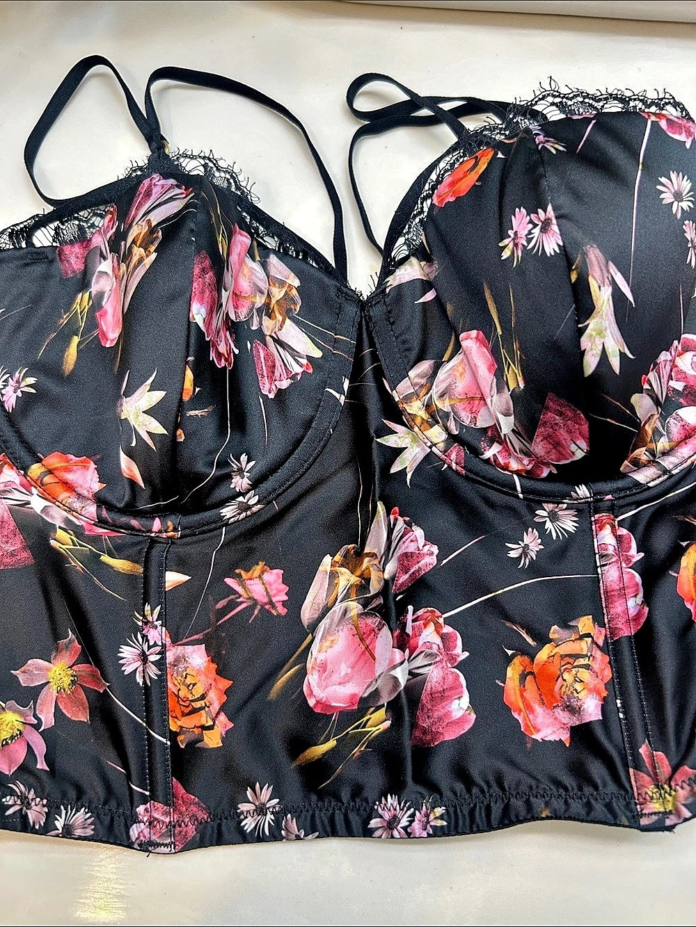 Victoria'Small Secret Very Sexy Floral Satin & Mesh Corset Top Black & Pink